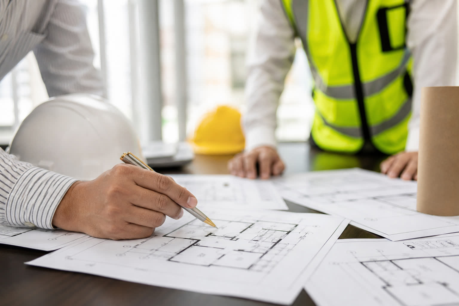 Engineer pointing to a floor plan during a structural review